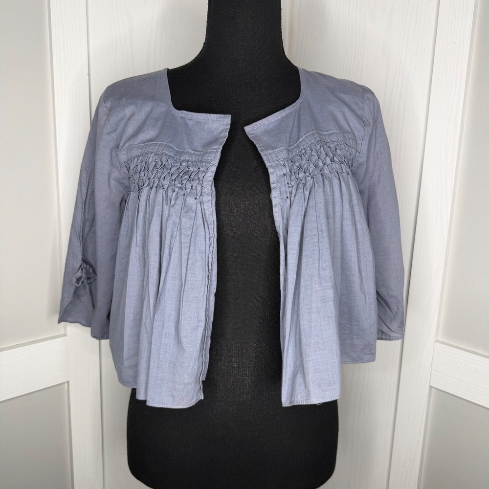To The Max Bolero Jacket Women Small Blue Cotton Smocked Beaded Cropped Cardigan